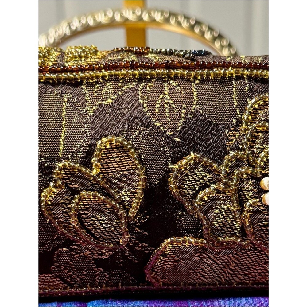 Vintage Style Gold Beaded Brocade Floral Frame Bag Top Handle - Picture 3 of 3